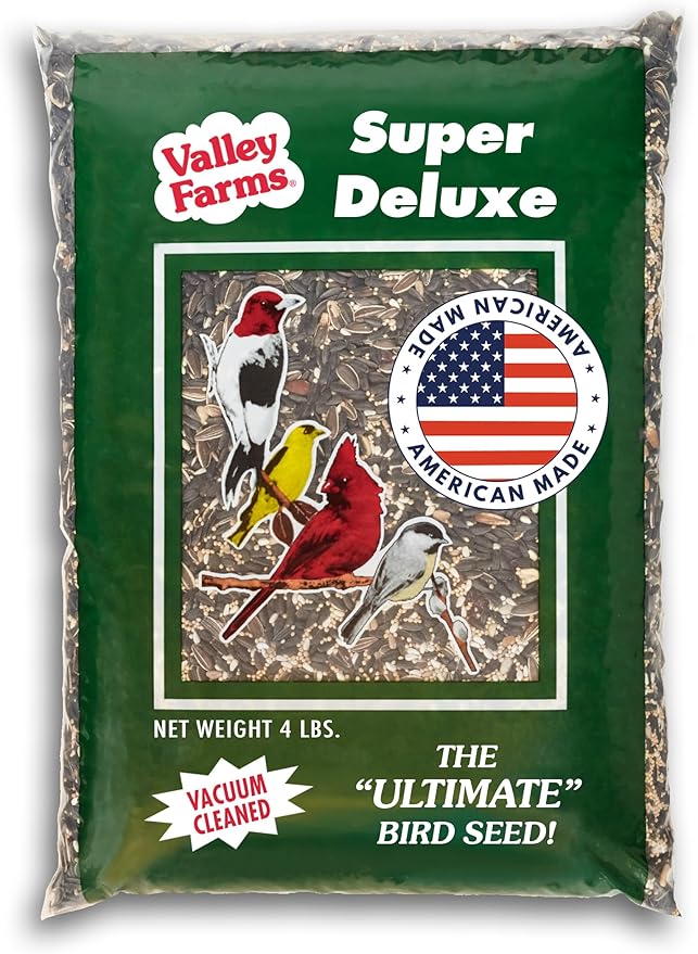 Valley Farms Super Deluxe Wild Bird Food for Outside feeders - 0% fillers - Loads of Sunflower Seed - w/Peanut kernels -Feed More Birds w/Less Seed (4 LBS)