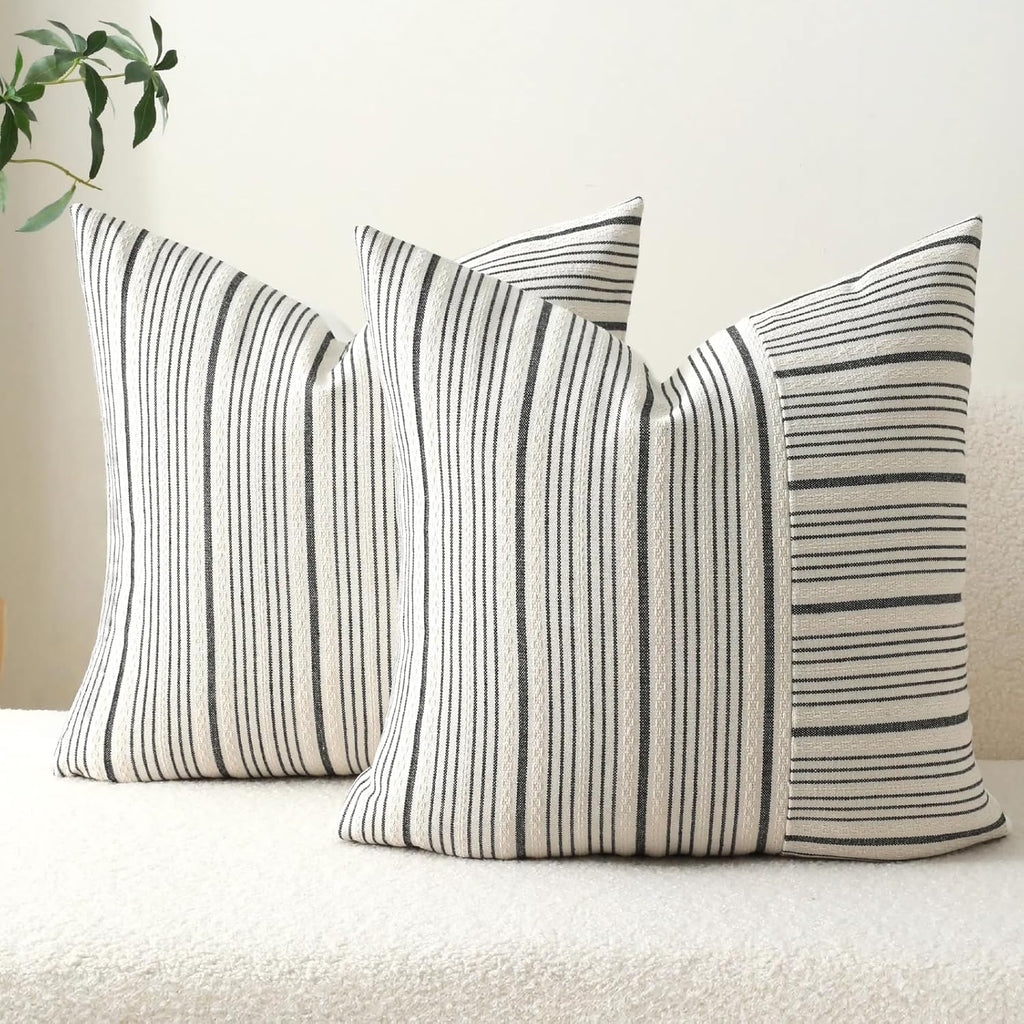 DWR Striped 3D Textured Weave Throw Pillow Covers 18x18 Set of 2, Polyester Cotton Blend in Black, Modern Farmhouse Decorative Pillow Cases for Couch Sofa Bed Living Room