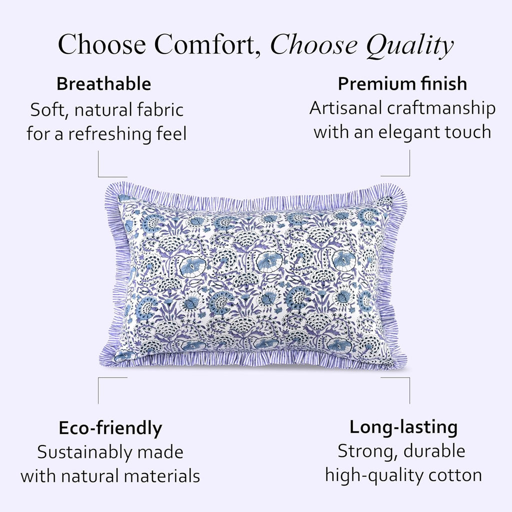CPC Indigo Blue 100% Cotton Block Print Ruffle Sham Cover 20X36 inch Pack of 2, Handmade Boho Floral Pillowcase, Soft Decorative King Bed Pillow Cover for Bedroom Décor