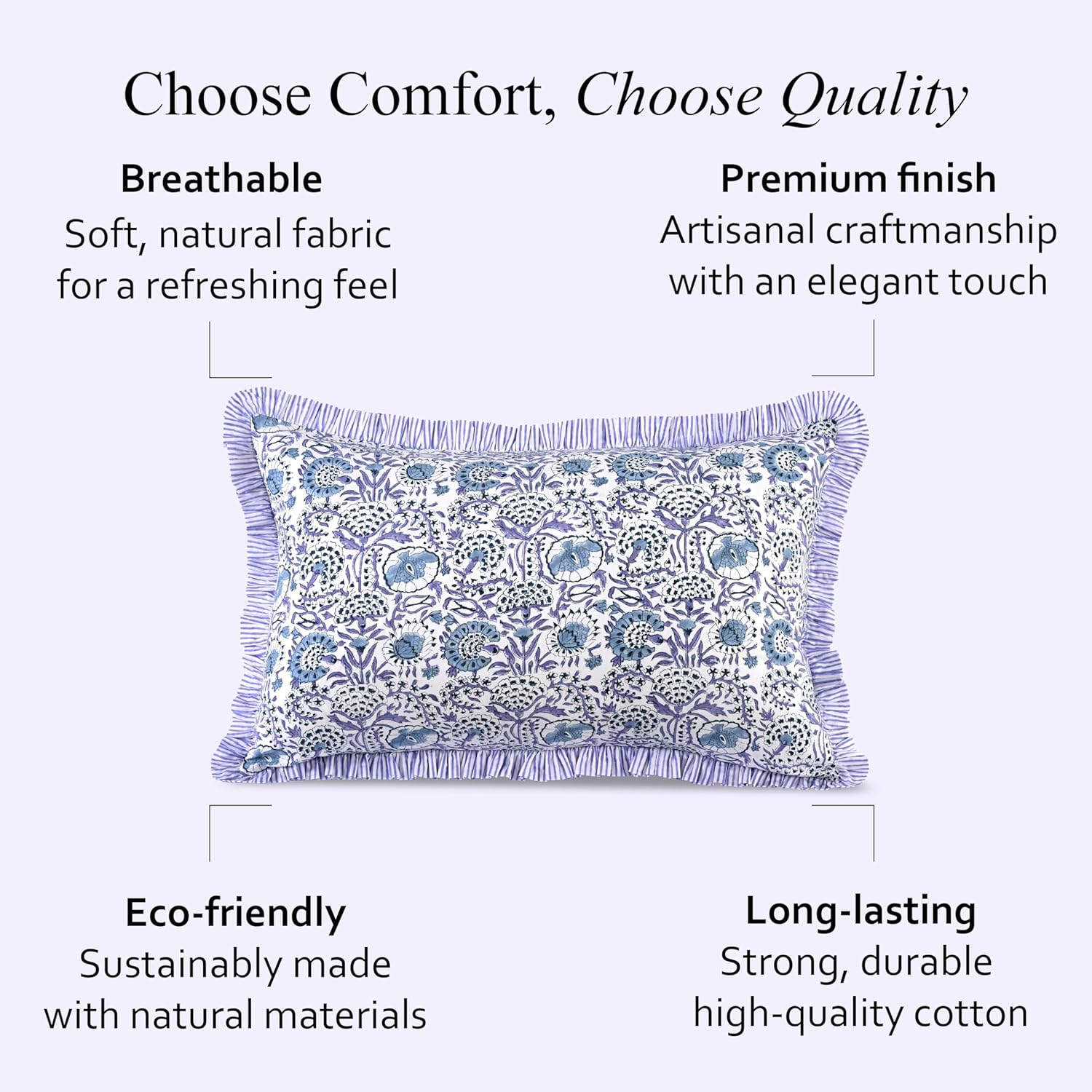 CPC Indigo Blue 100% Cotton Block Print Ruffle Sham Cover 20X36 inch Pack of 2, Handmade Boho Floral Pillowcase, Soft Decorative King Bed Pillow Cover for Bedroom Décor
