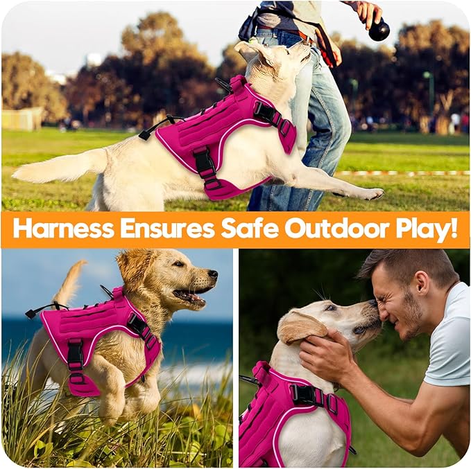Heavy-Duty Tactical Dog Harness for Large Dogs, No Pull Adjustable Reflective Pet Vest with Molle System, K9 Military-Grade Control for Service Training, Outdoor & 10+ Breeds, Hot Pink, Large