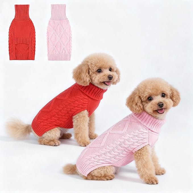 2 Pack Small/Medium Dog Sweater, Warm Comfy Stretch Dog Winter Coat w/Sleeves & High Neck, Premium Dog Clothes for Schnauzer-Best for Holidays, Daily Walks M Red Pink