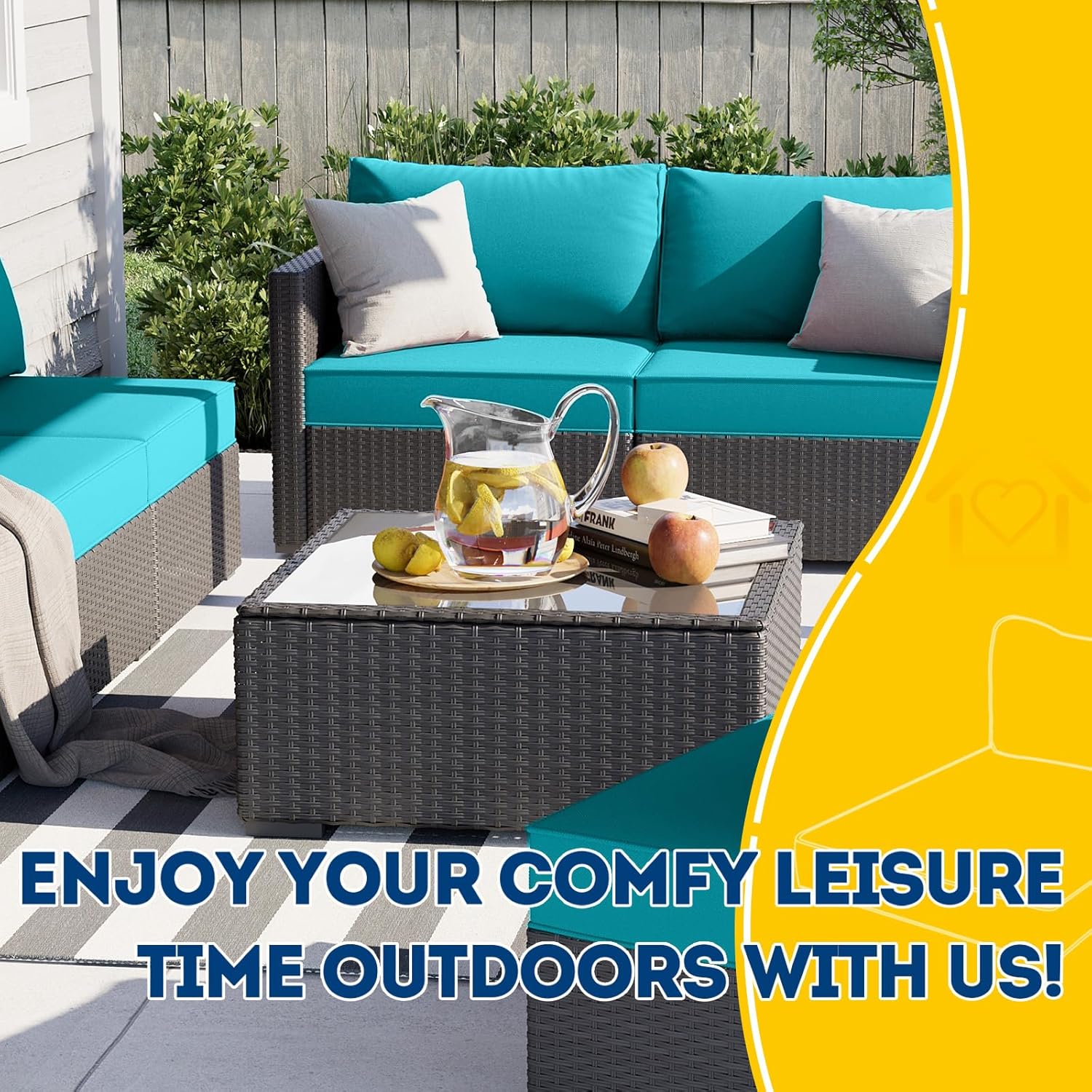 AAAAAcessories Outdoor Deep Seat Cushions, Waterproof, Fade-Resistant Patio Furniture Replacement Cushions, 25.5" x 25.5" x 5" + 25.5" x 13.5", Turquoise Blue