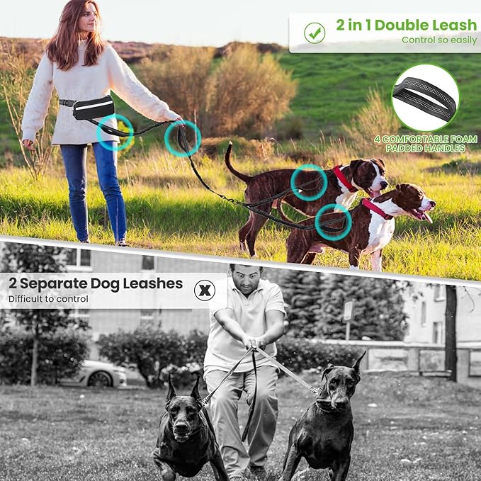 Double Leash for Two Dogs for 2 Dogs with Pouch and 4 Padded Handles for Medium to Large Dogs Running, Walking, Hiking