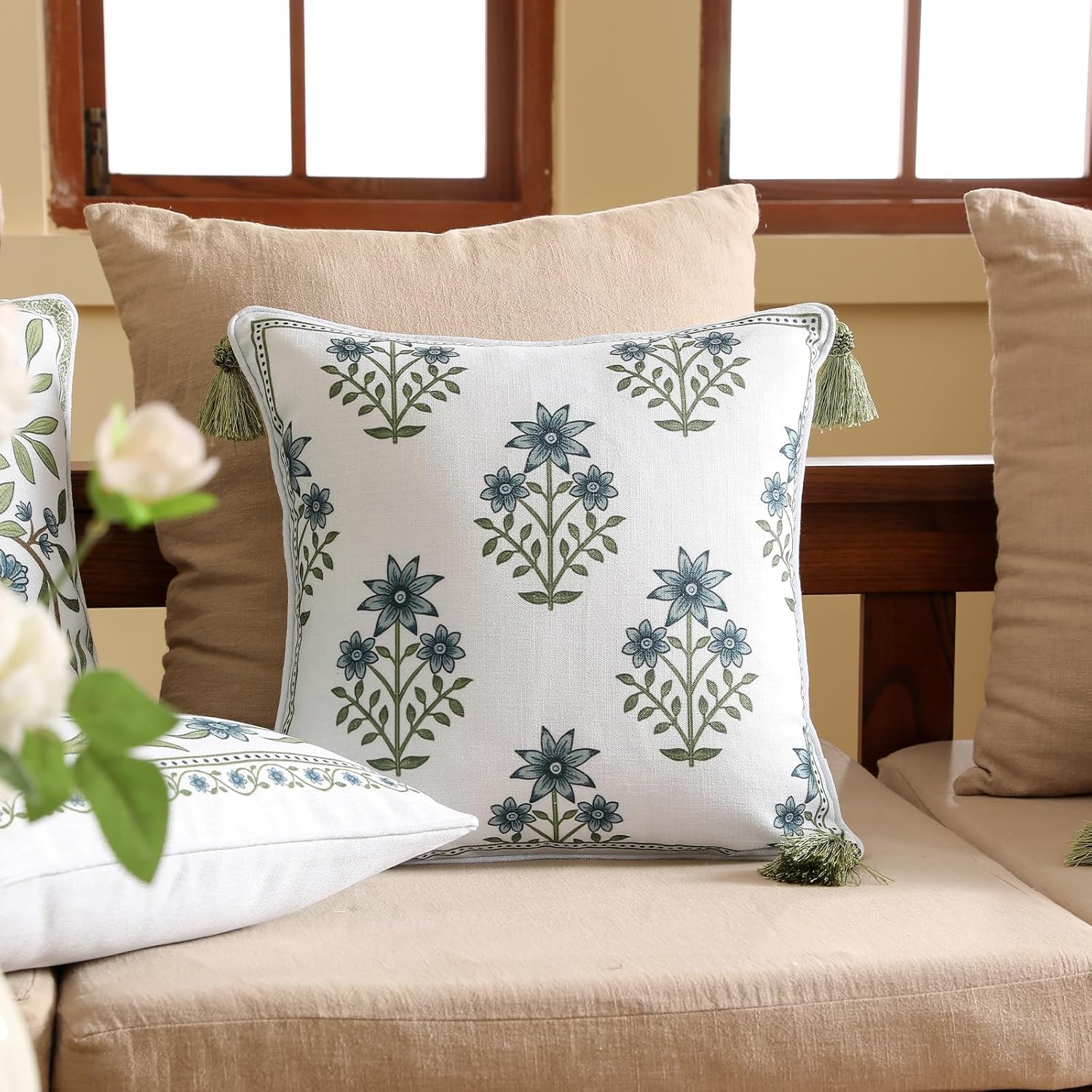 ISAENNE Design Fresh Linen Square Throw Pillow Covers 18"x18", French White Cottage Cushion Covers with Blue Floral Branches Pattern Decor Pillowcases for Bed,Living Room,Outdoor,Car