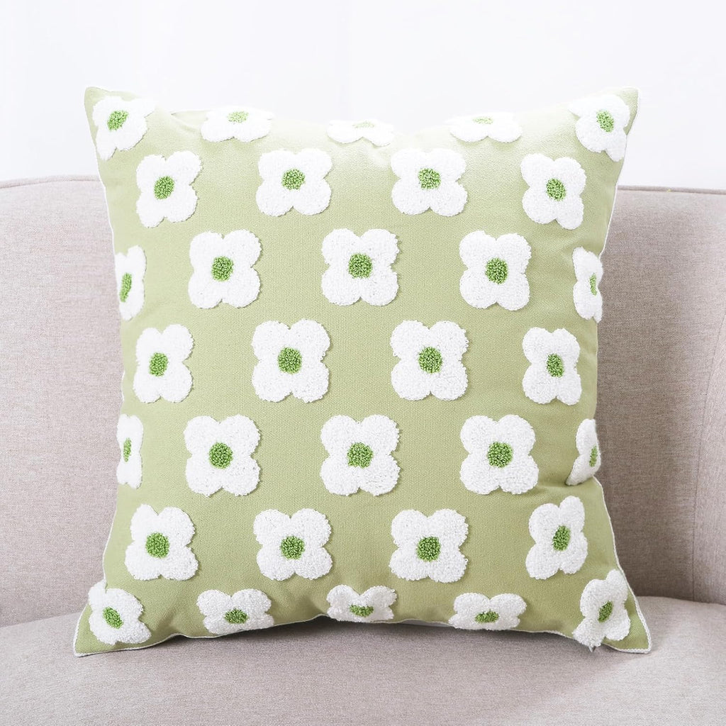 DECOBIRD Embroidery Throw Pillow Cover 20x20 Light Green Floral Design Home Decor Loop Embroidered Pillow Case Thick Cotton Canvas Square Cushion Cover for Couch 50x50cm, 4 Petal Flowers 1 Piece