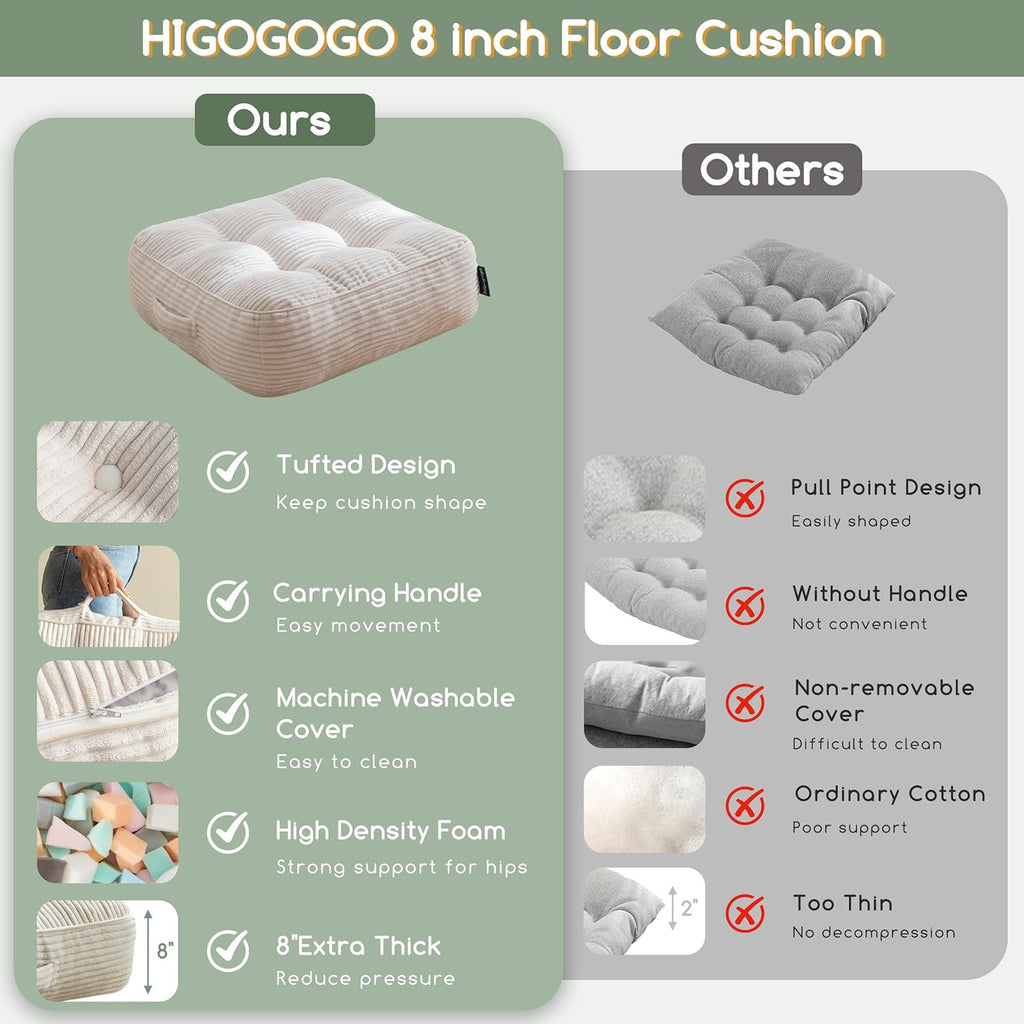 8" Washable Floor Pillow Cushion for Adults, Meditation Cushion Pillow, Large Square Floor Sitting, Removable Tufted Corduroy Cover, for Tatami Living Room or Yoga, 22x22 Inch, Machine Washable