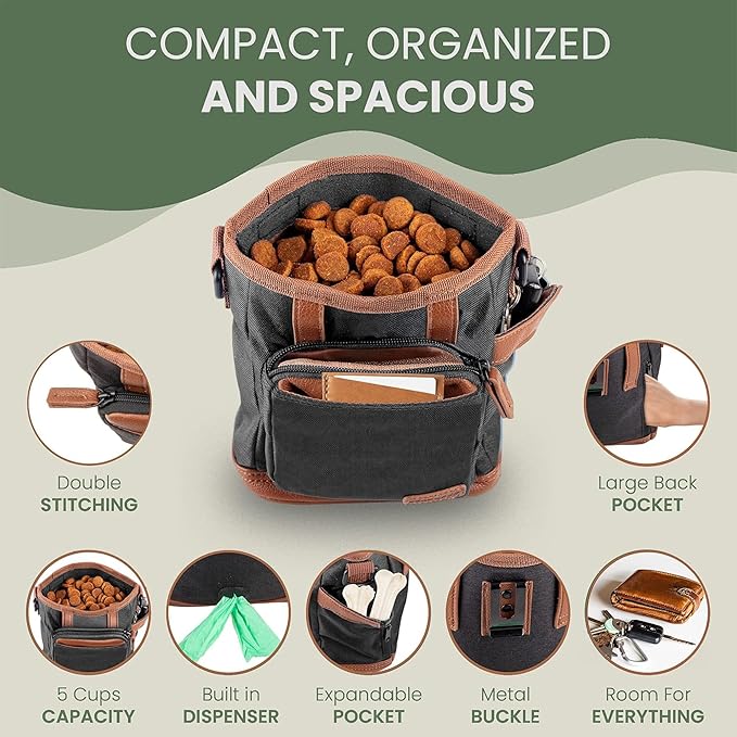 BEAU&FUR Large Dog Treat Pouch with Clicker for Training – 4 Cup Capacity, Built-In Poop Bag Dispenser, Expandable Pocket, Metal Buckle, Large Back Pocket, Ideal Design for Walks and Training – Black