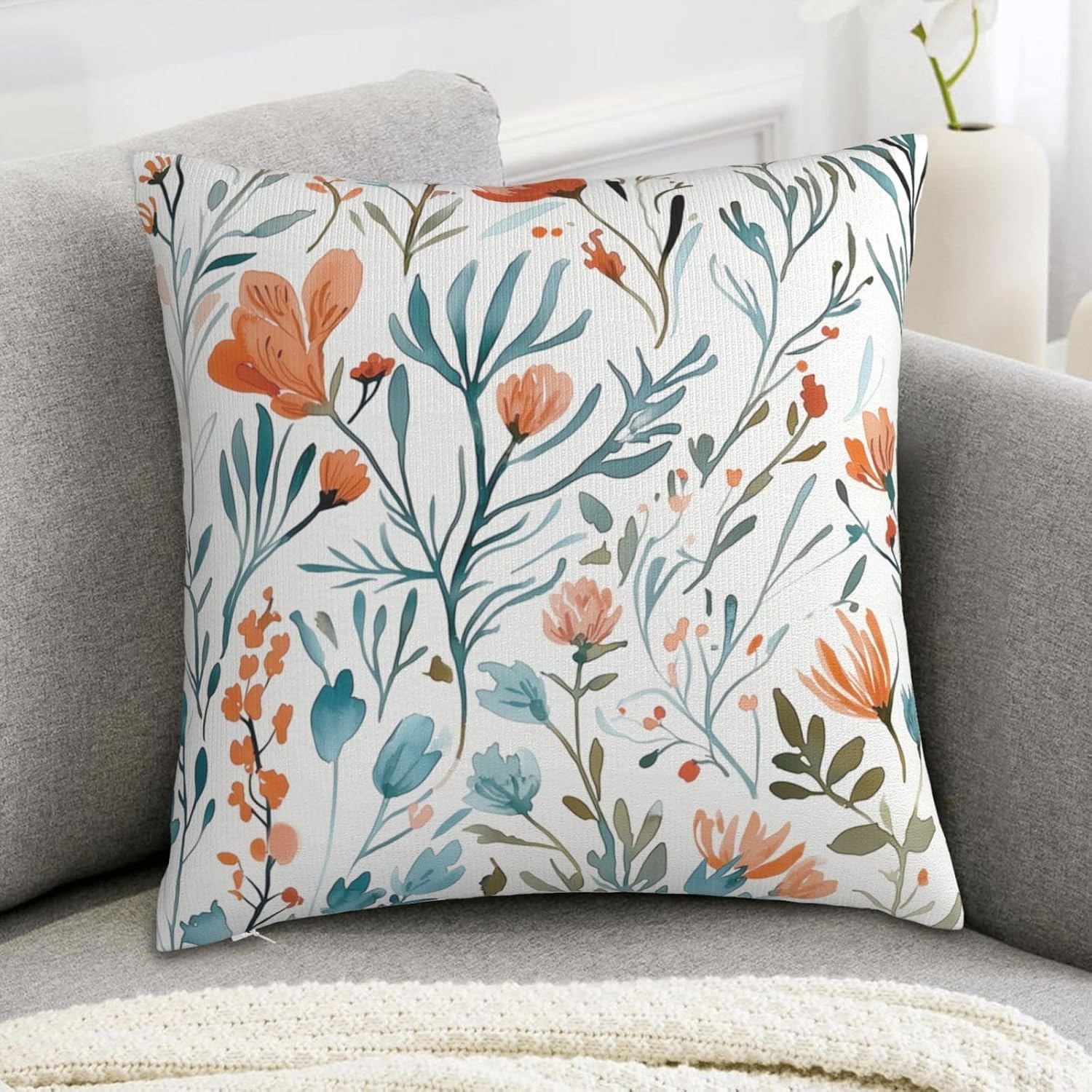 Turquoise Orange Floral Throw Pillow Covers 18x18 in Set of 2 Decorative Teal Orange Flower Square Pillowcase Pillowcovers for Couch Living Room Sofa Bedroom