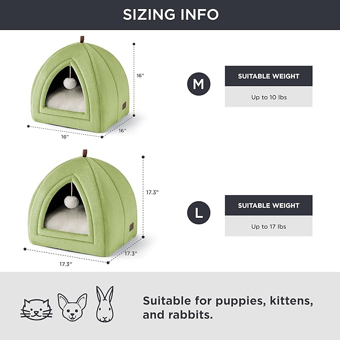 Bedsure Cat Beds for Indoor - 2 in 1 Cat Cave House Tent for Kittens and Small Pets with Removable Washable Cushioned Pillow, Foldable Kitten Hideaway with Non-Slip Bottom, Green, 16 inches
