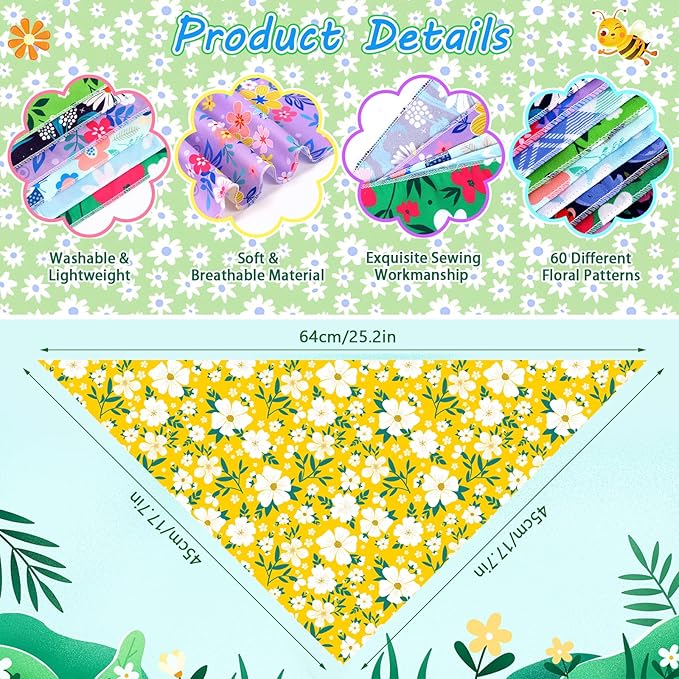60 Pcs Spring Summer Dog Bandanas Bulk Adjustable Floral Puppy Scarves Pet Bandana Washable Flower Puppy Grooming Bandana for Small Medium Large Breed Dog Cat Pet Grooming Accessories