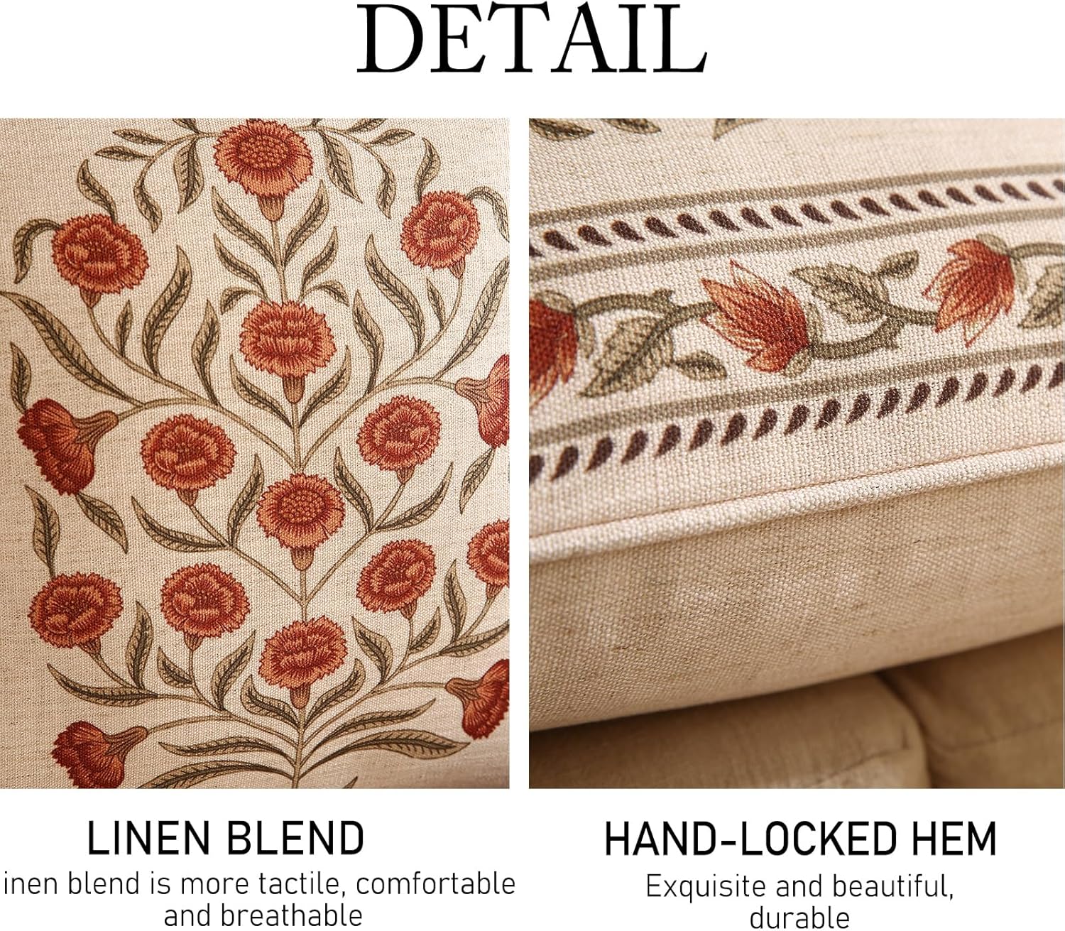 ISAENNE Design Linen Square Vintage Throw Pillow Covers 18"x18", Brick Red Cushion Covers with Orange Floral Green Leaves Pattern Decoration Pillowcases for Bed,Living Room,Outdoor,Car