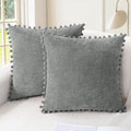 CaliTime Throw Pillow Covers Decorative 22 X 22 Inches Pack of 2 Cozy Solid Dyed Soft Chenille Cushion Cases with Pom Poms for Couch Sofa Bed Living Room Home Medium Grey
