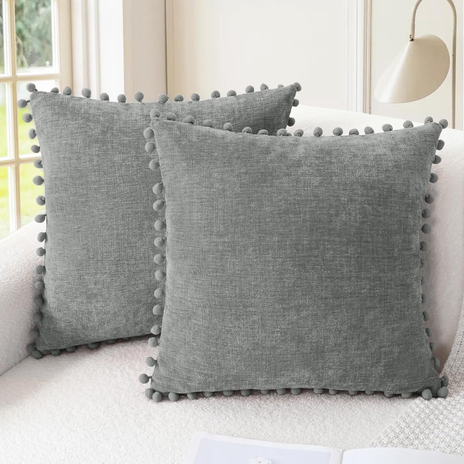 CaliTime Throw Pillow Covers Decorative 22 X 22 Inches Pack of 2 Cozy Solid Dyed Soft Chenille Cushion Cases with Pom Poms for Couch Sofa Bed Living Room Home Medium Grey