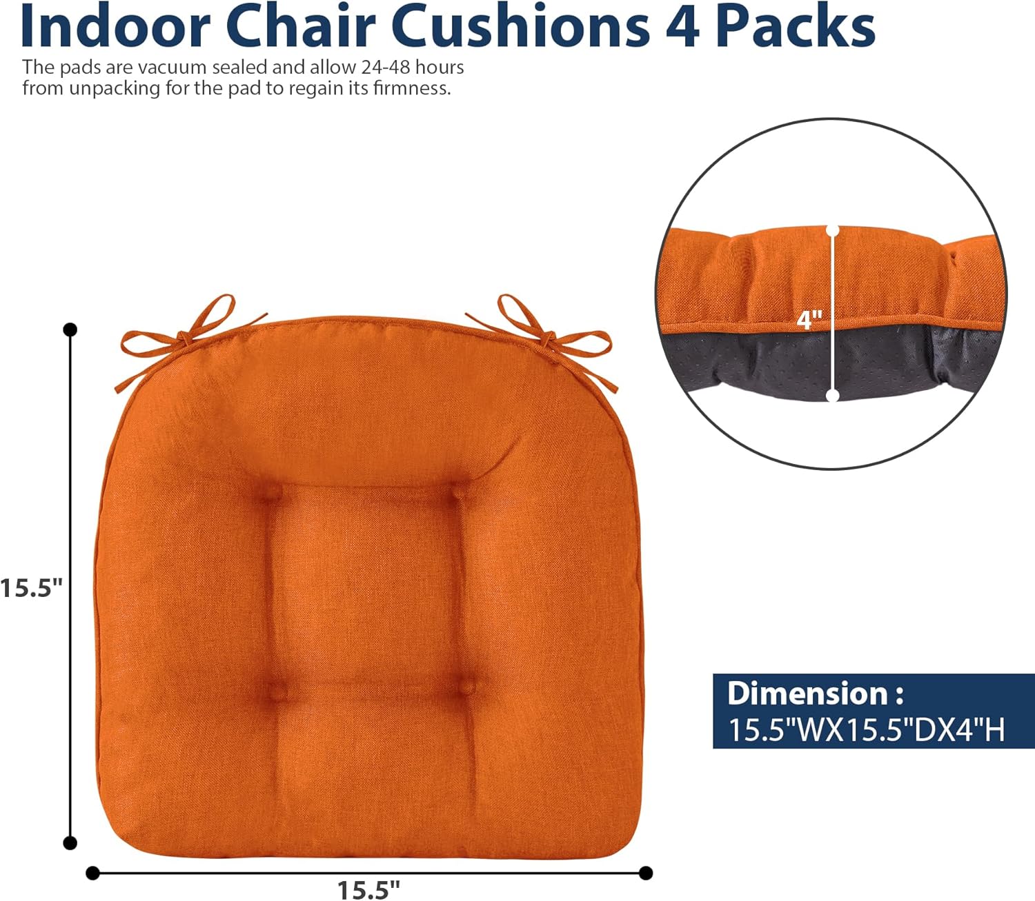 Chair Cushions for Dining Chairs, Seat Cushions for Kitchen Chairs, Indoor Seat Cushions with Ties, Tufted Foam Chair Pads, Non Slip Chair Cushions Set of 4, 15.5" x 15.5" x 4", Orange
