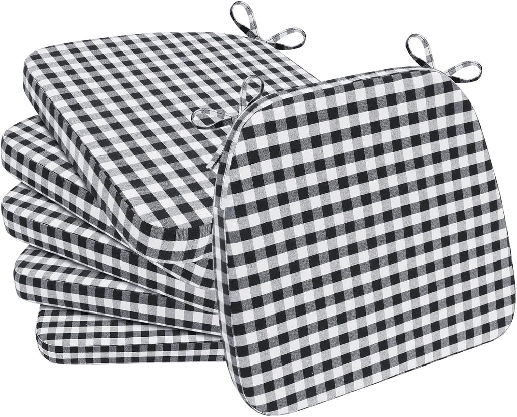 AAAAAcessories D-Shaped Chair Cushions, 2" Thick Dining Chair Pads with Ties and Removable, Machine-Washable Cover, 17" x 16", Set of 6, Checkered Black/White