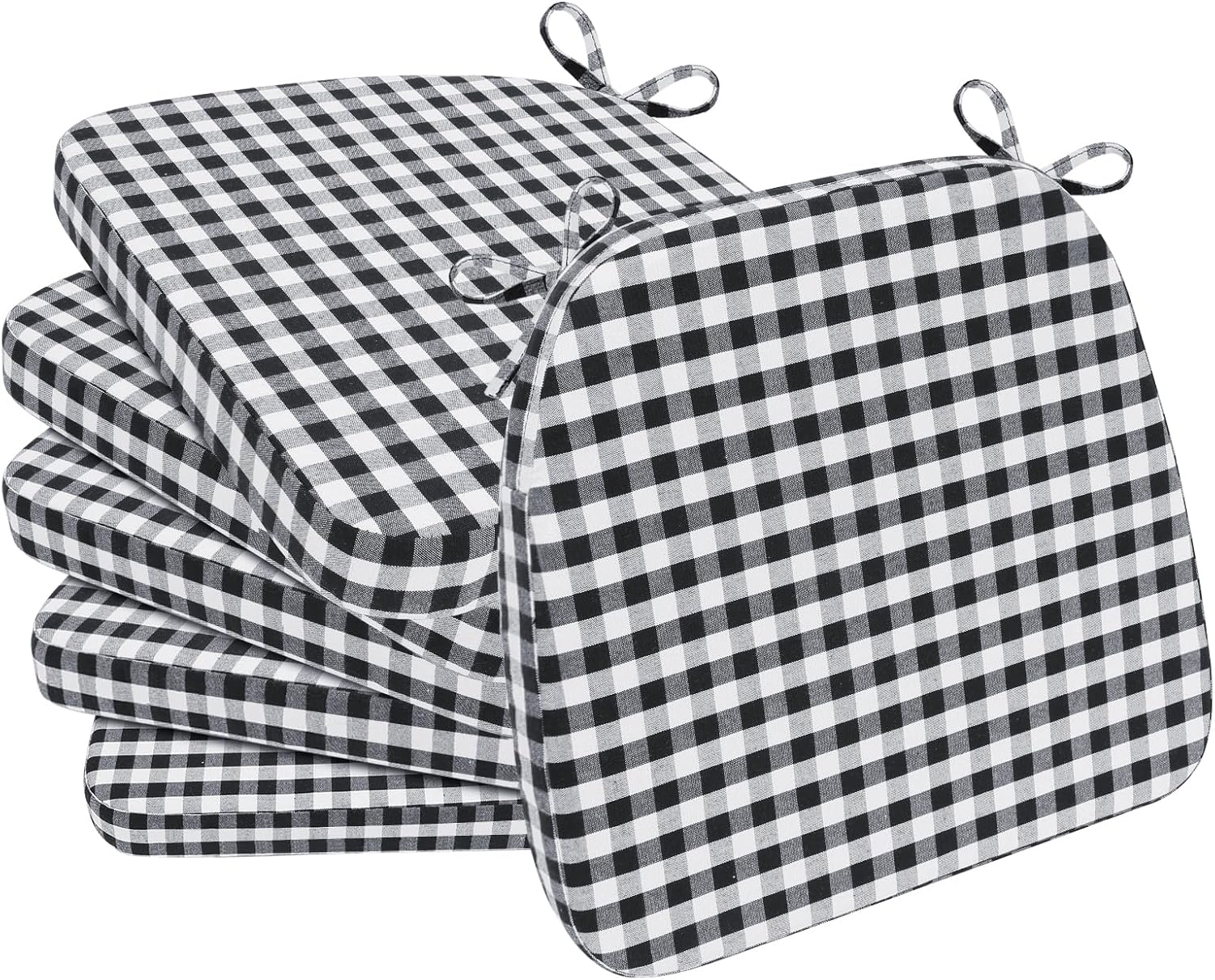 AAAAAcessories D-Shaped Chair Cushions, 2" Thick Dining Chair Pads with Ties and Removable, Machine-Washable Cover, 17" x 16", Set of 6, Checkered Black/White