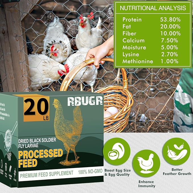 Chicken Feed, 20lb Dried Black Soldier Fly Larvae Pellets for Chickens, Organic Chickens Feed with More Protein & Calcium Than Mealworms, Processed Chicken Food for Laying Hens