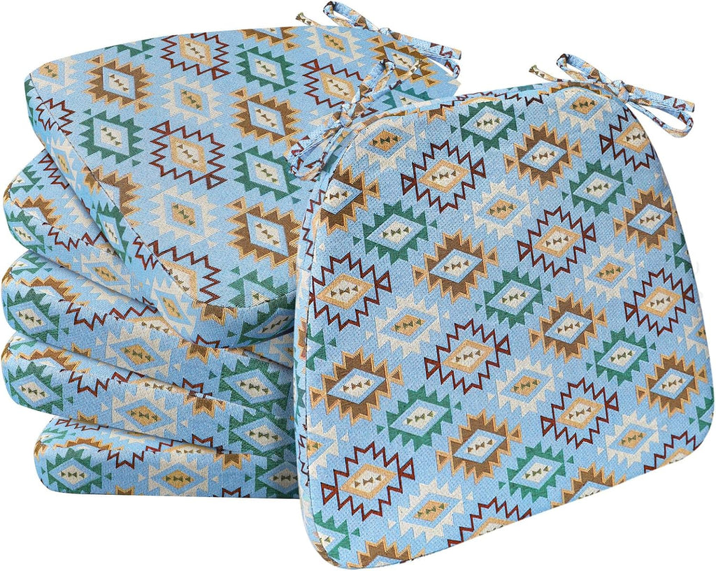 AAAAAcessories D-Shaped Chair Cushions, 2" Thick Dining Chair Pads with Ties and Removable, Machine-Washable Cover, 17" x 16", Set of 6, Geometric Blue