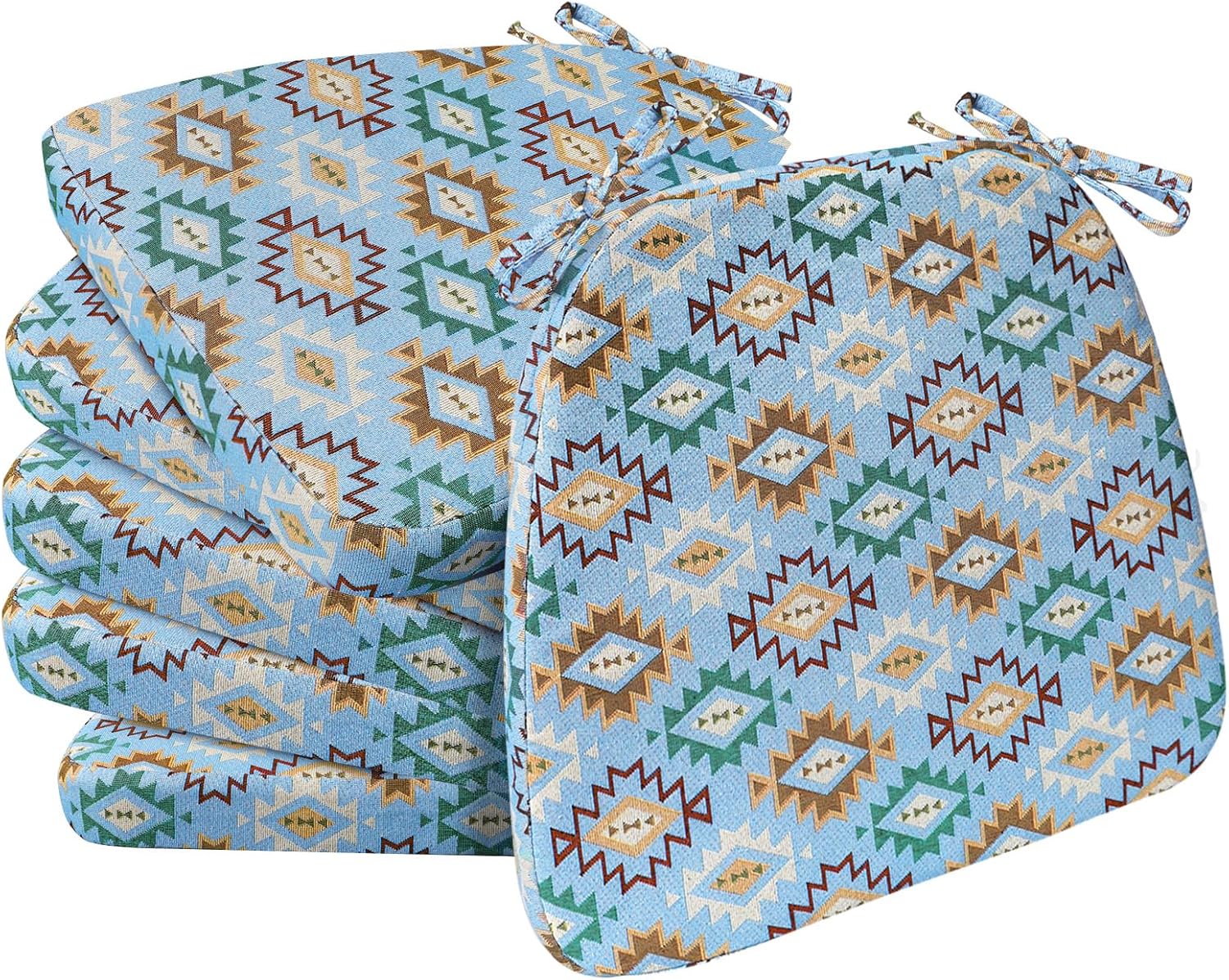 AAAAAcessories D-Shaped Chair Cushions, 2" Thick Dining Chair Pads with Ties and Removable, Machine-Washable Cover, 17" x 16", Set of 6, Geometric Blue
