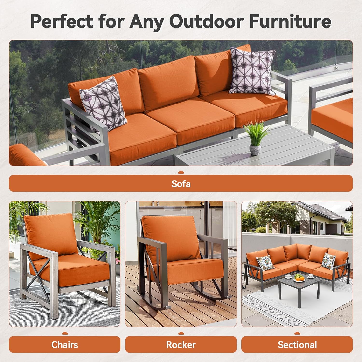 6" Thick Outdoor Cushions 22x24x6, 1-Set Deep Seat Patio Cushions with Removable Cover, Waterproof & Fade Resistant Replacement for Wicker Chair, Loveseat, Sofa - Orange