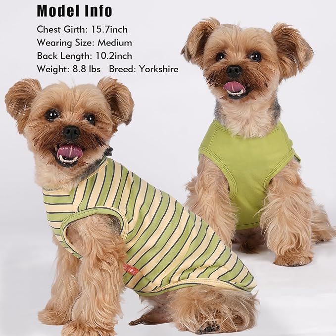 KYEESE 2Pack Dog Shirts Small Tee Soft for Small Dogs Striped T Shirt Lightweight Sleeveless Vest Cotton Tank Top Clothes, Large,Green+Striped