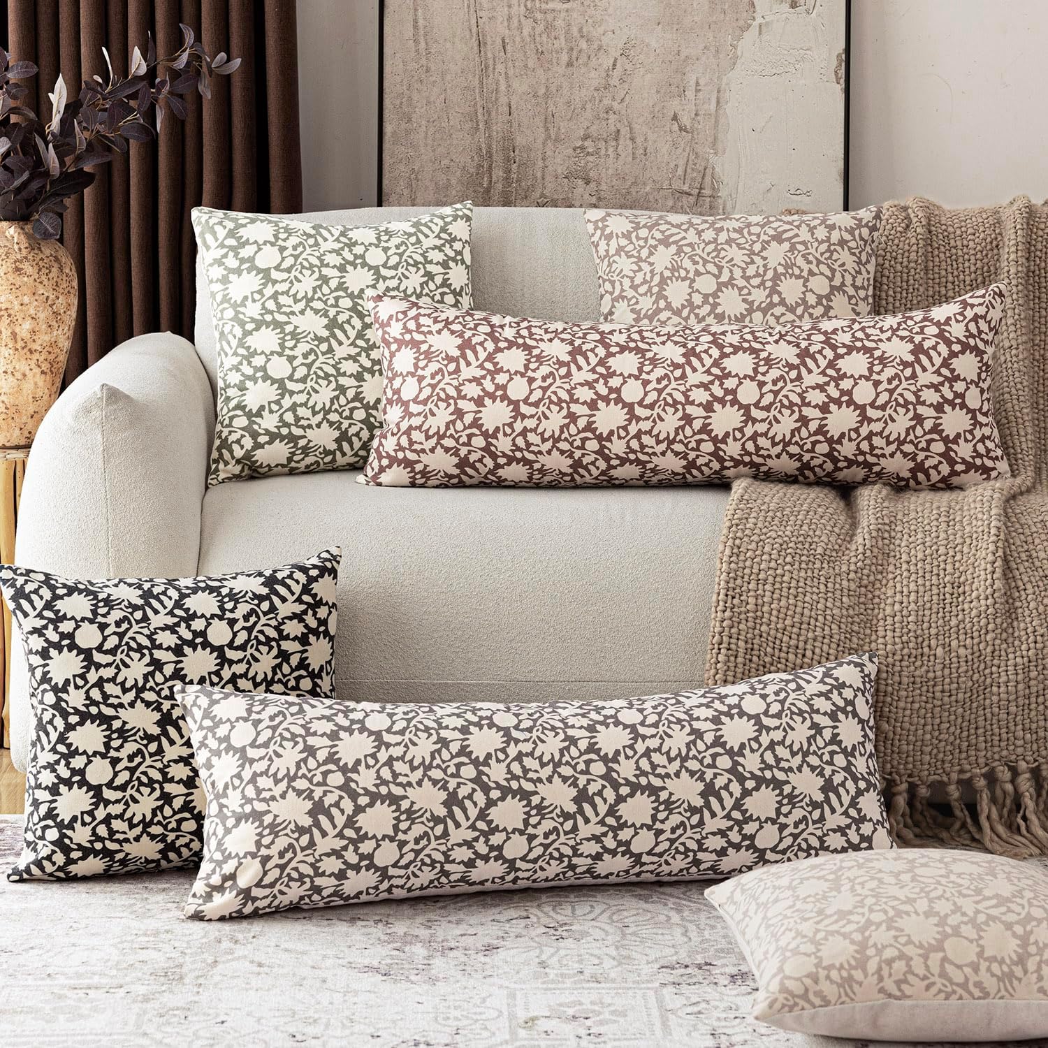 Foindtower Set of 2 Decorative Long Body Lumbar Throw Pillow Covers Accent Farmhouse Cushion Covers Boho Floral Pillowcase for Couch Sofa Bedroom Living Room Home Decor,14×36 Inch,Rustic Gray