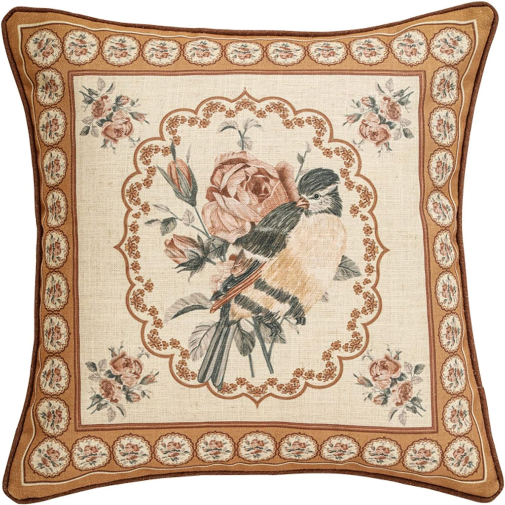 patdrea Designer Vintage Floral Throw Pillow Covers for Couch,Brown Yellow Linen Pillowcases with Bird and Rose Pattern Decorative Square Cushion for Bed Living Room Outdoor Cafe Car,18"x18"