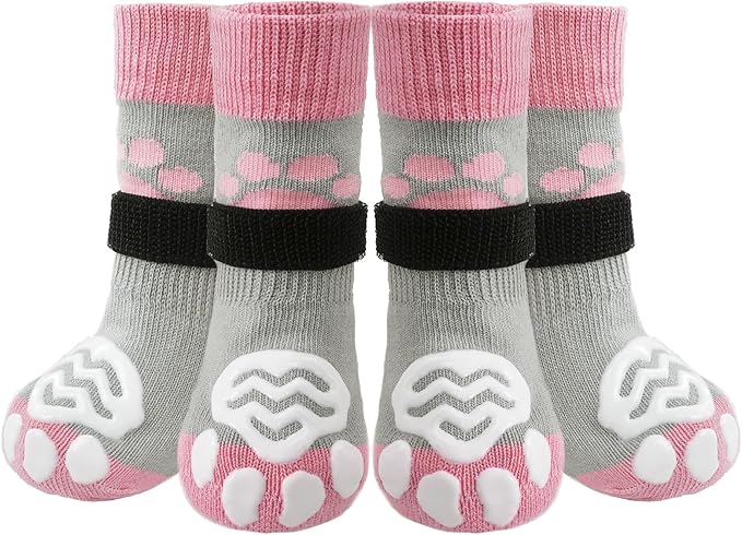 PUPTECK Anti Slip Dog Socks 2 Pairs with Double Grippers for Hardwood Floors, Shoes for Hot/Cold Pavement, Boots & Paws Protectors to Prevent Licking, Traction Booties for Senior Small Large Dogs