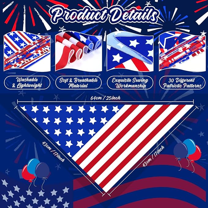 30 Pcs Dog Bandanas Bulk American Flag Pet Scarf Holiday Puppy Bandanas Washable Adjustable Patriotic Dog Bandana for Sport Event Parade Labor Day Patriot Day Small Medium Large Pet Grooming