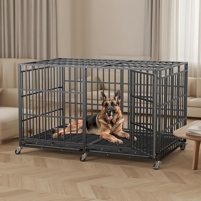 78 Inch Heavy Duty Indestructible Dog Crate Steel Escape Proof, Indoor Double Door High Anxiety Cage, Kennel with Wheels,Removable Tray,Extra Large Dogs XL XXL XXXL