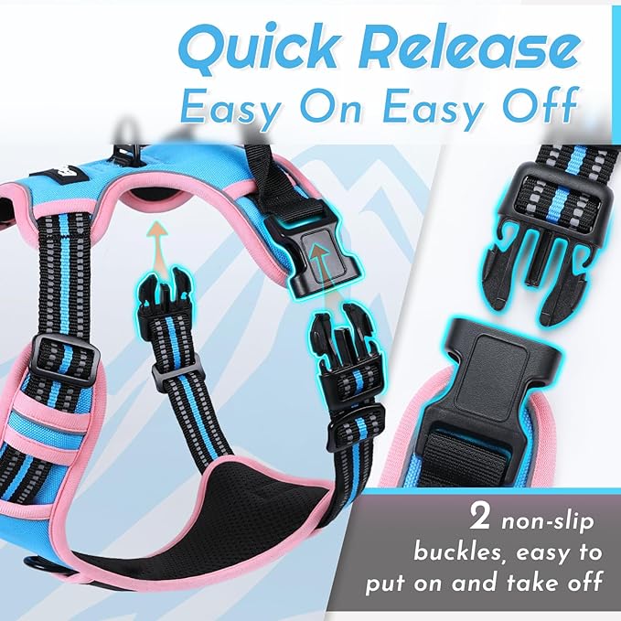 Eagloo Dog Harness for Large Dogs, No Pull Service Vest with Reflective Strips and Control Handle, Adjustable and Comfortable for Walking, No Choke Harness with 2 Metal Rings, Pink & Blue, M