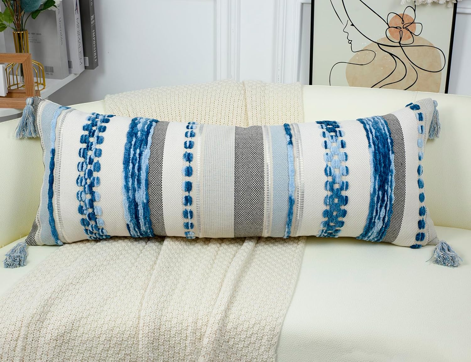 PANOD Boho Long Lumbar Throw Pillow Cover 16 x 36 Blue, Chenille Morocan Extra Long Pillow Case Cover, Decorative Long Pillow for Bed Couch Sofa Farmhouse