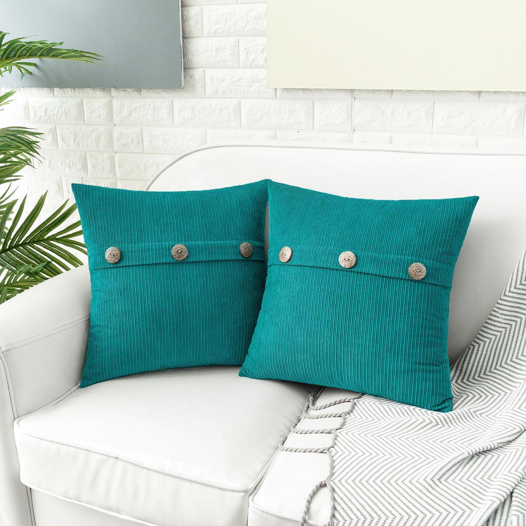 HWY 50 Teal Chenille Throw Pillow Covers 16x16 Inch with Triple Buttons, Soft Farmhouse Accent Decorative Cushion Cases for Couch Sofa Bed Bedroom Pack of 2