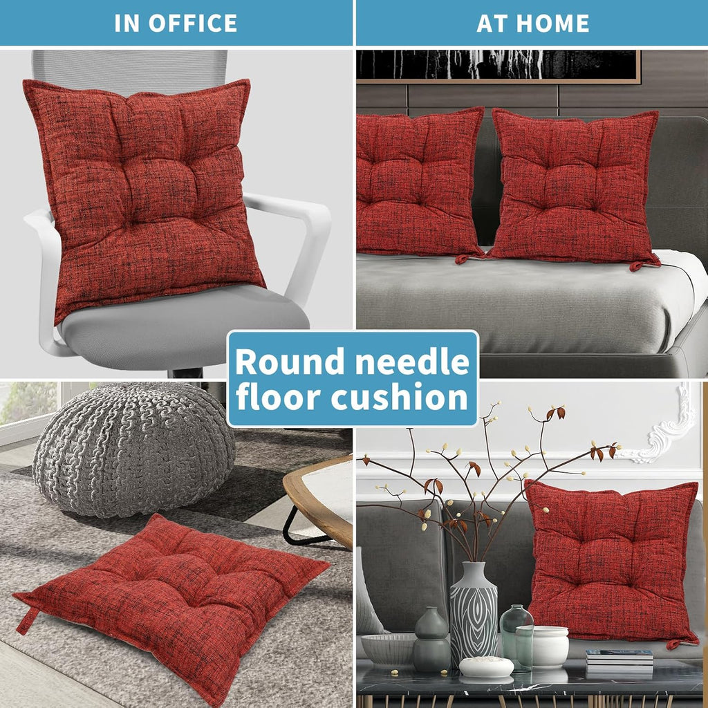 SINSOSSO Large Floor Pillows 22", Thickened Bite-Size Memory Foam Square Non-Slip Cushions for Office Back Support/Yoga/Chair Seat, Fashionable Color-Blocked Fabric & Washable, Red, 2 PCS