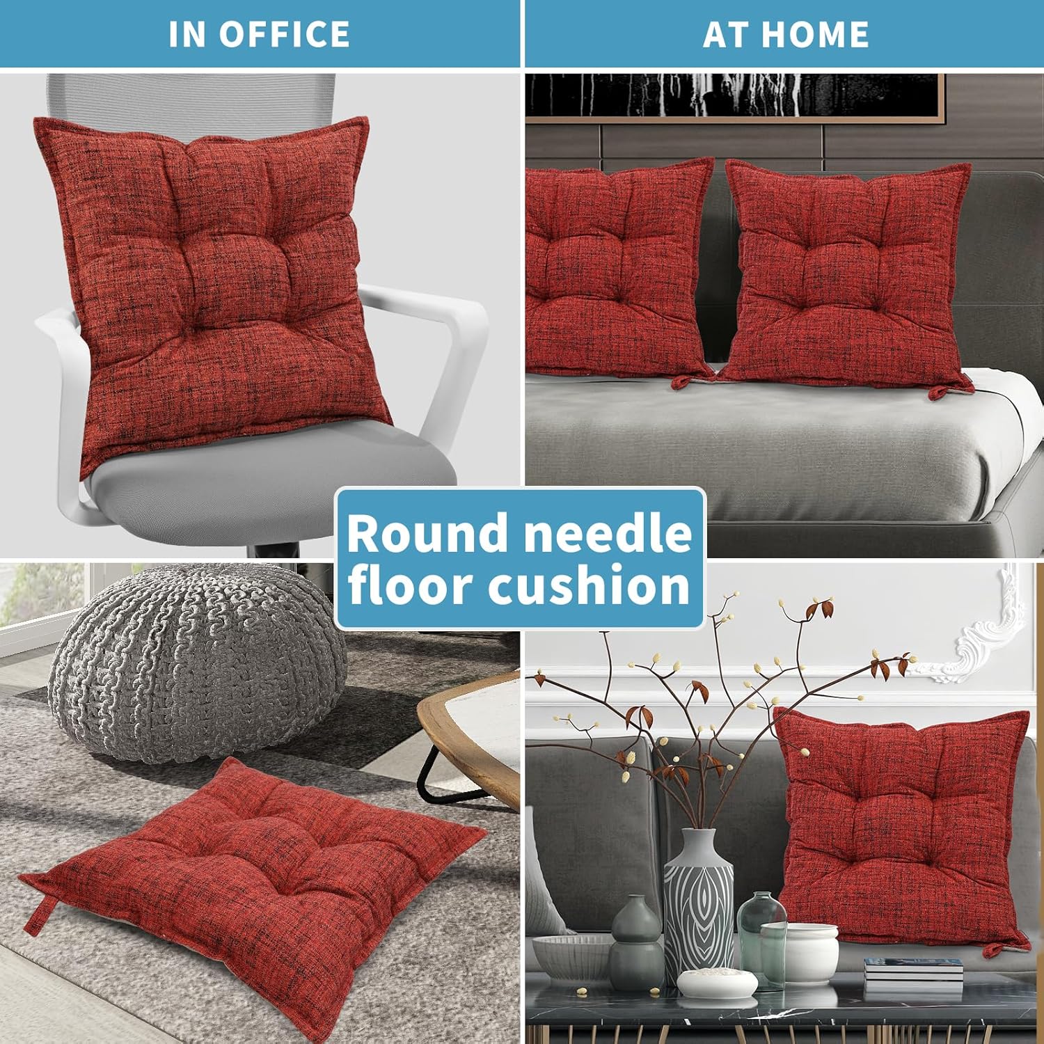 SINSOSSO Large Floor Pillows 22", Thickened Bite-Size Memory Foam Square Non-Slip Cushions for Office Back Support/Yoga/Chair Seat, Fashionable Color-Blocked Fabric & Washable, Red, 2 PCS