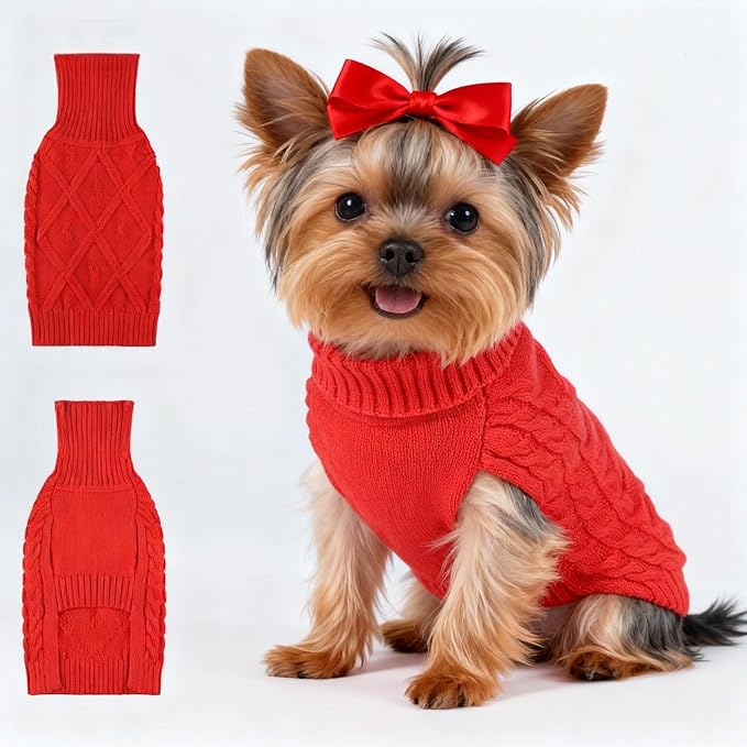 Small/Medium Dog Sweater, Warm Comfy Stretch Dog Winter Coat w/Sleeves & High Neck, Premium Dog Clothes for Mini Poodle-Best for Holidays, Daily Walks S Red