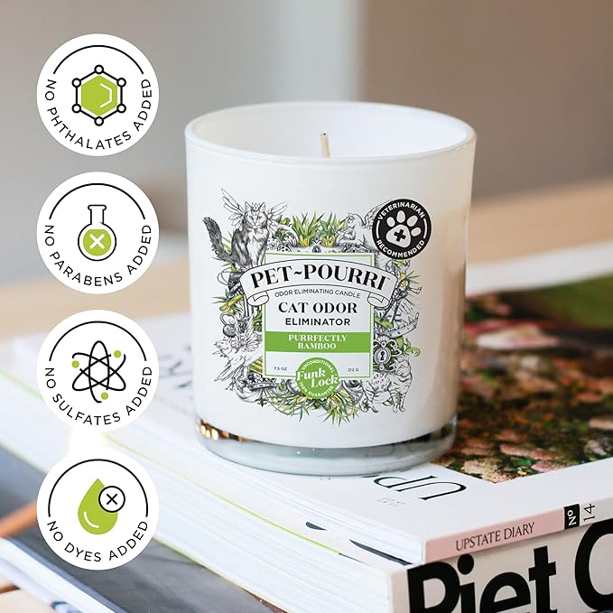 Pet-Pourri Purrfectly Bamboo Cat Deodorizer Candle – Cat Safe Plant Based Ingredients & Wax – Vet Approved – Aromatherapy & Air Freshener for Kitty Odor – Scented with Bamboo, Jasmine & Pear