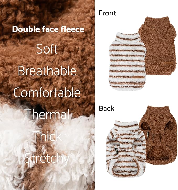 Fitwarm 2 Pack Striped Fleece Dog Sweater, Warm Winter Clothes for Small Dogs Boy Girl, Fuzzy Pet Outfit, White, Brown, XL