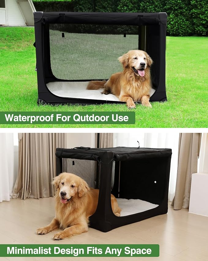 42 Inch Collapsible Travel Dog Crate for Medium Large Dogs, Portable Dog Crate 4-Door Foldable Soft Kennel with Durable Mesh Windows for Indoor & Outdoor Travel, with Storage Bag,Black
