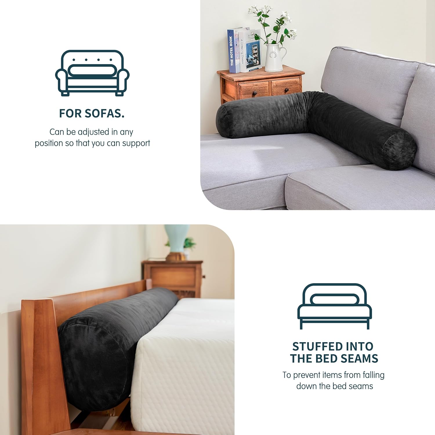 SyMax 7.8"x60" Body Pillow for Queen Bed, Bolster w/Removable Polyester Cover, Headboard Gap Filler Pillow, Black