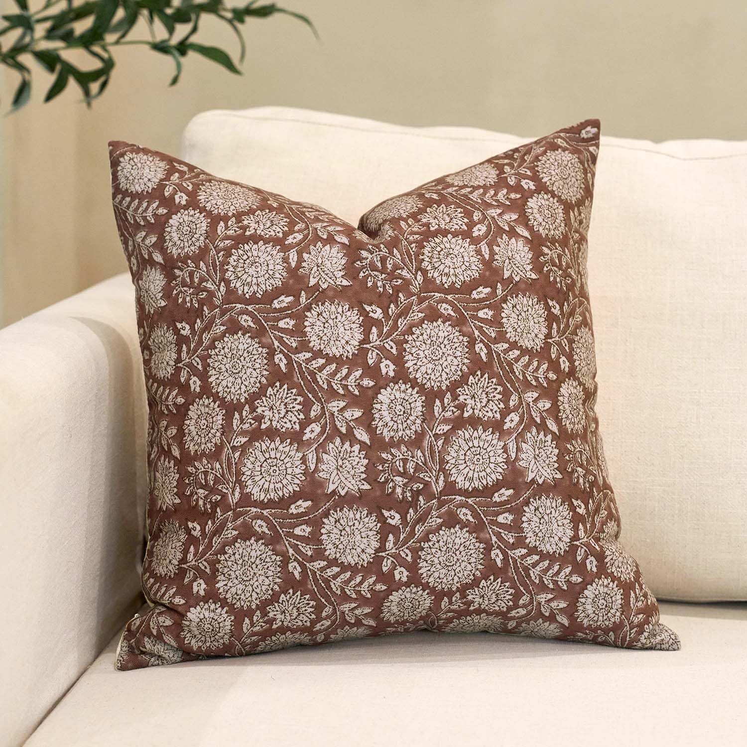 Amor Virisso Floral Pillow Covers 24x24 Throw Pillow Covers Vintage Block Print Pillow Cover Neutral Couch Pillows for Living Room Farmhouse Decorative Accent Sofa Pillows, Brown