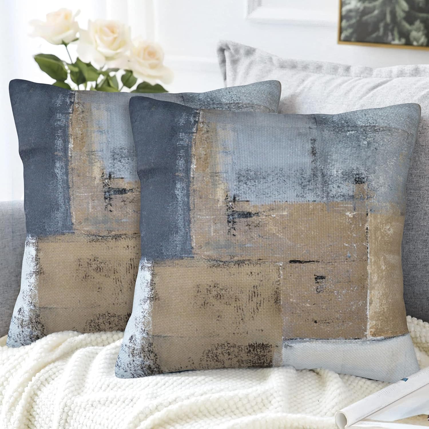 Throw Pillow Covers Grey and Brown Abstract Art Pillow Covers 16x16 Inch Set of 2 Throw Pillows Decorative Pillow Cases Cushion Covers for Bedroom Livingroom Sofa Farm House