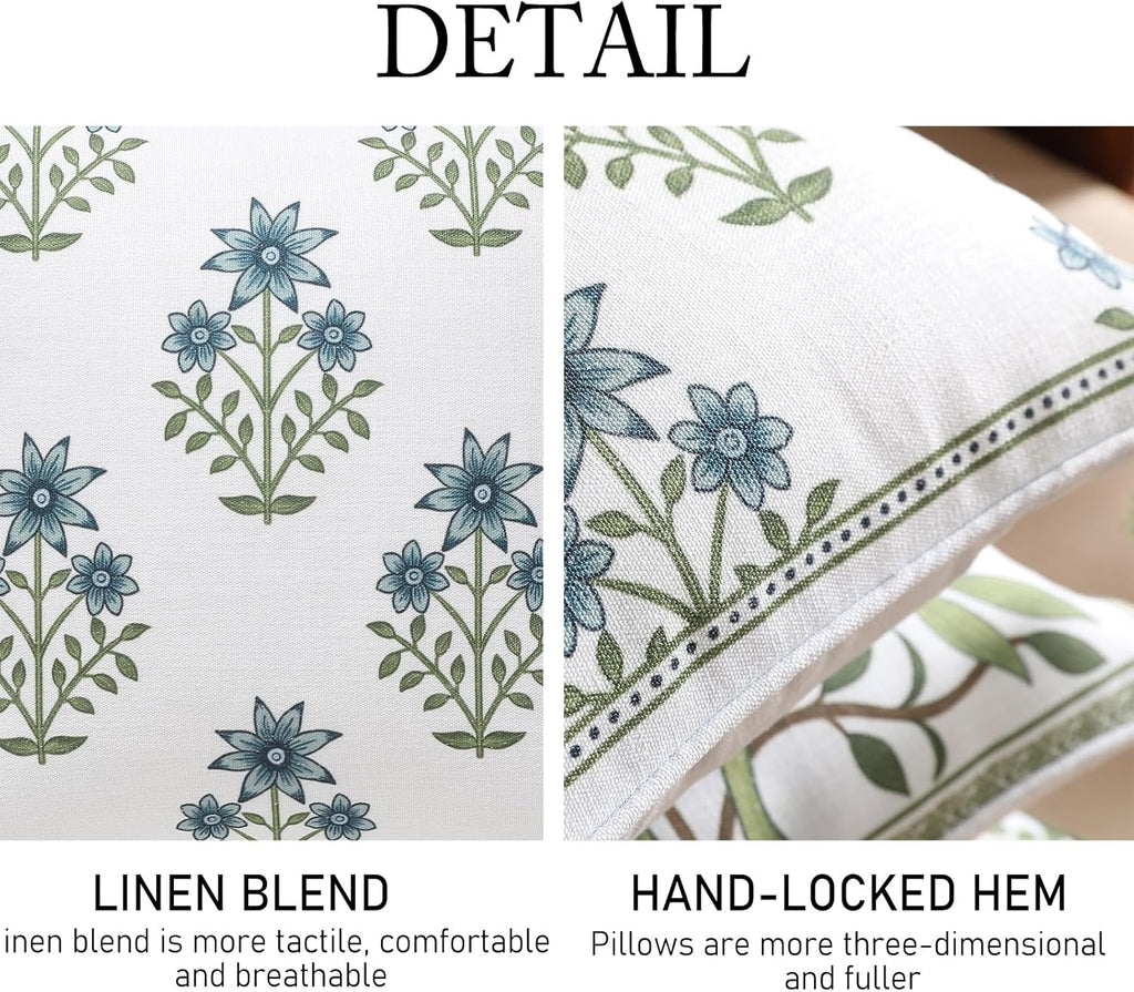 ISAENNE Design Fresh Linen Square Throw Pillow Covers 18"x18", French White Cottage Cushion Covers with Blue Floral Branches Pattern Decor Pillowcases for Bed,Living Room,Outdoor,Car