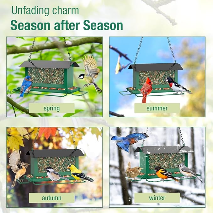 Bird Feeder for Outdoor Hanging, Large Squirrel Proof Birdfeeders with 14 Feeding Ports - Heavy Duty Metal Bird Feeders for Large Capacity Outside Hanging, Green