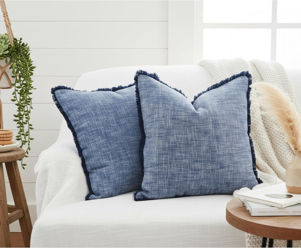 Set of 2 Textured Cotton Throw Pillow Covers with Decorative Fringe at Edges Farmhouse Cushion Cover with Tassels Linen Like Accent Pillowcases for Bed Couch Chair Sofa Living Room,16×16 Inch,Blue