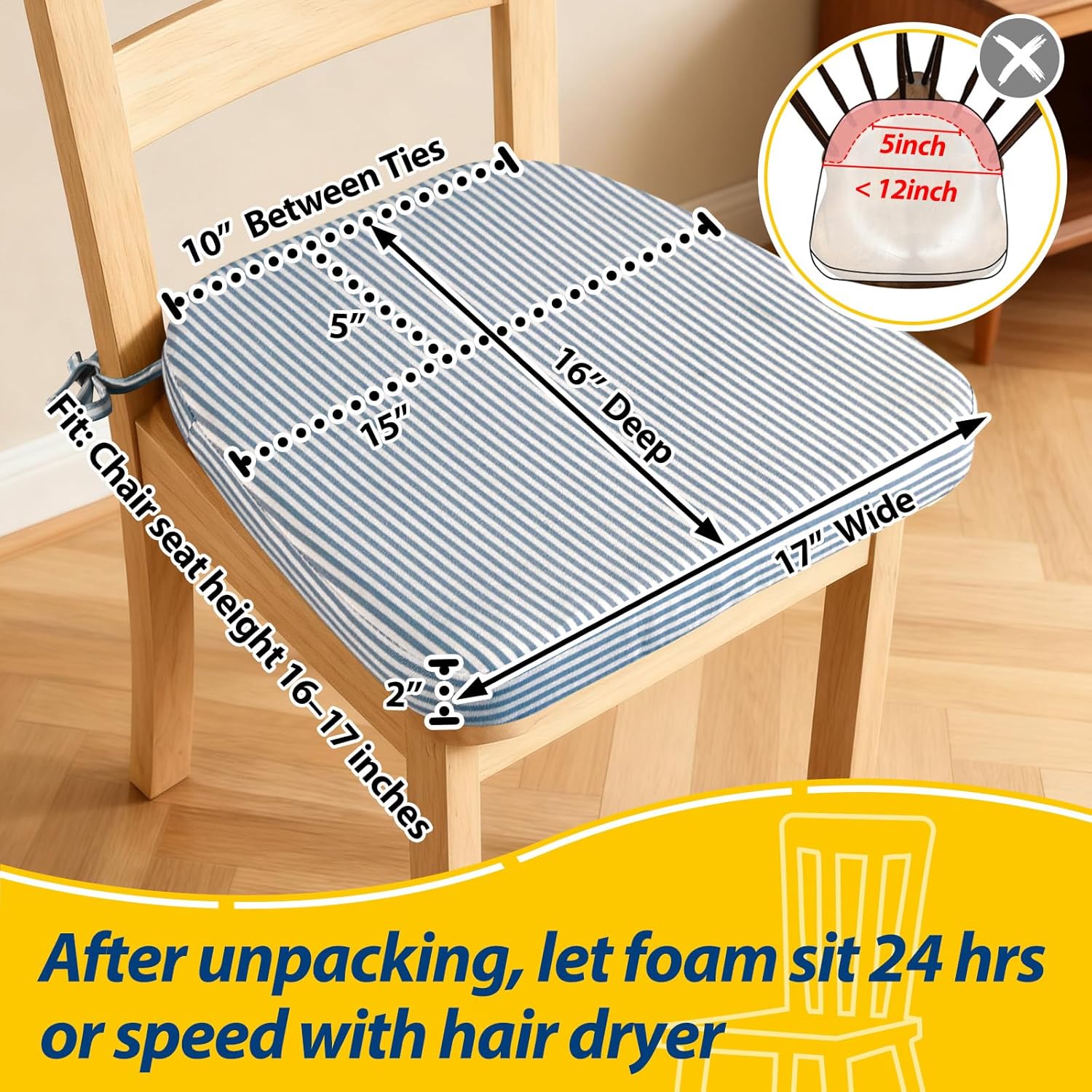 AAAAAcessories D-Shaped Chair Cushions, 2" Thick Dining Chair Pads with Ties and Removable, Machine-Washable Cover, 17" x 16", Set of 2, Pinstripe Blue