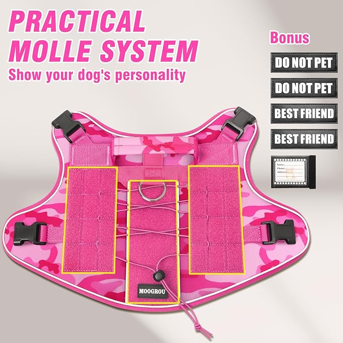 Tactical Dog Harness Small Sized Dog,No Pull Military Dog Vest with Easy Control Handle&Molle,Adjustable Heavy Duty Pet Harness for Hiking Training,Reflective for Night Walking Camo Pink S