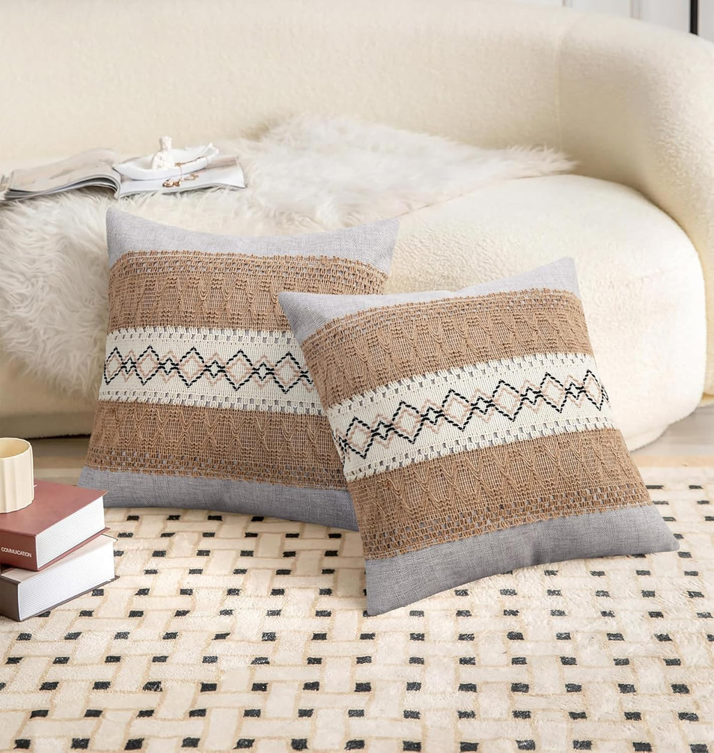 Pyonic Pack of 2 Boho Throw Pillow Covers 18x18 Inch Farmhouse Decorative Throw Pillows for Bed Sofa Living Room,Gray Modern Cushion Cover Couch Pillows Cover Home Decor