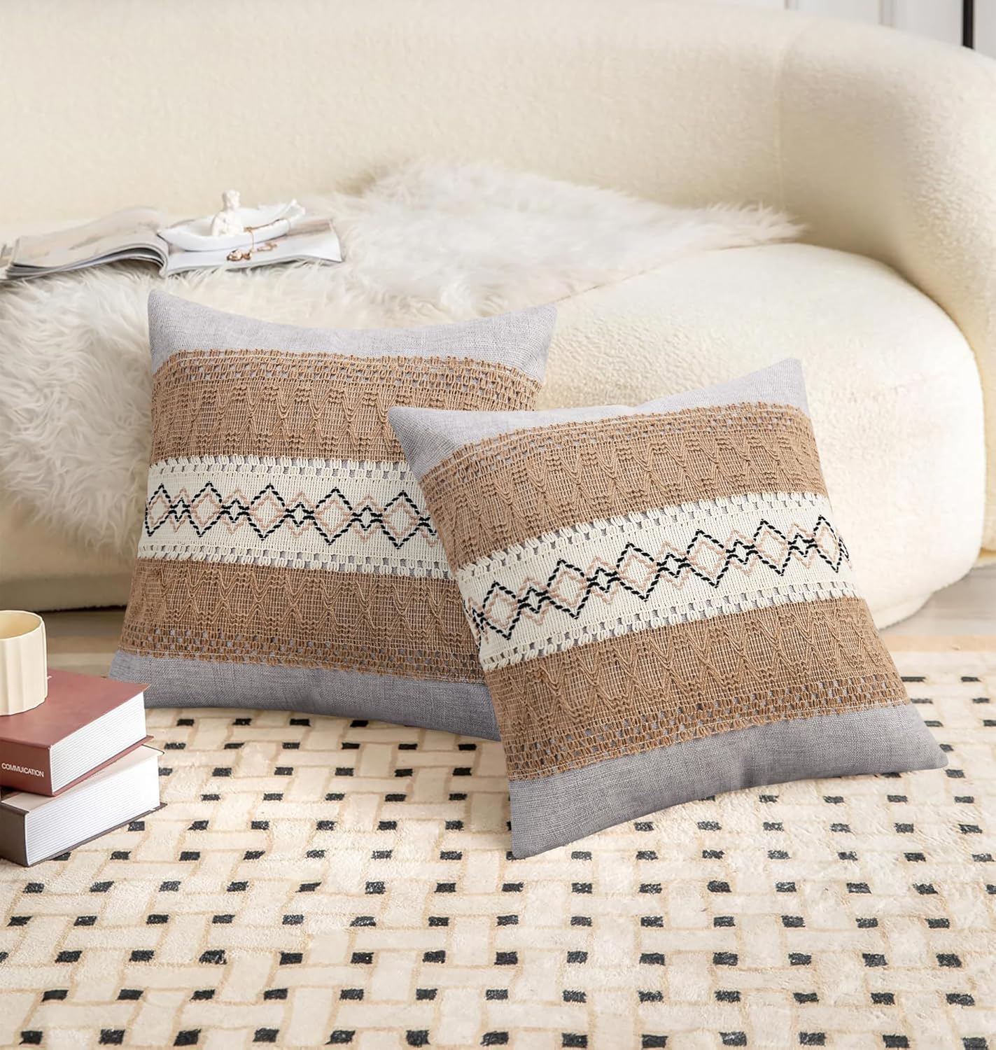 Pyonic Pack of 2 Boho Throw Pillow Covers 18x18 Inch Farmhouse Decorative Throw Pillows for Bed Sofa Living Room,Gray Modern Cushion Cover Couch Pillows Cover Home Decor